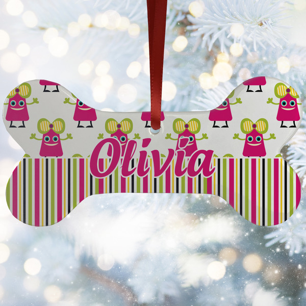 Custom Pink Monsters & Stripes Ceramic Dog Ornament w/ Name or Text