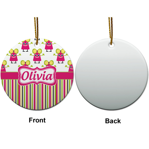 Pink Monsters & Stripes Ceramic Flat Ornament - Circle Front & Back (APPROVAL)