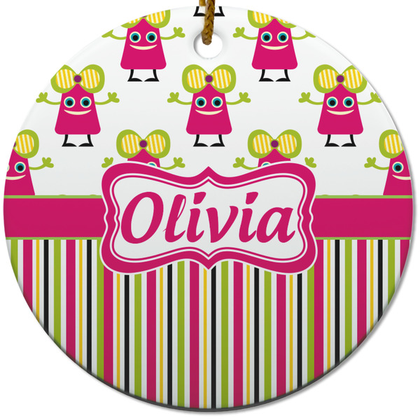 Pink Monsters & Stripes Ceramic Flat Ornament - Circle (Front)