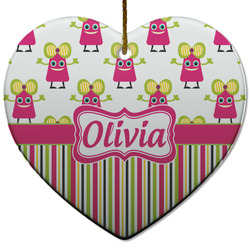 Pink Monsters & Stripes Heart Ceramic Ornament w/ Name or Text