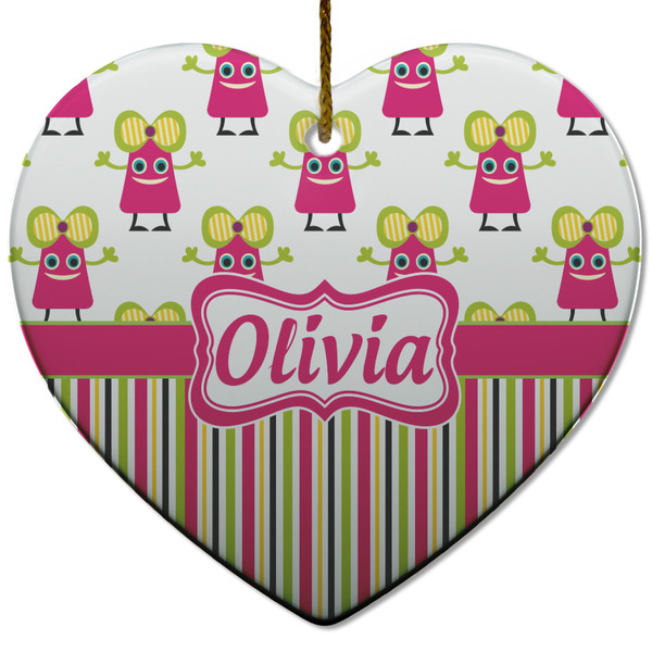 Custom Pink Monsters & Stripes Heart Ceramic Ornament w/ Name or Text