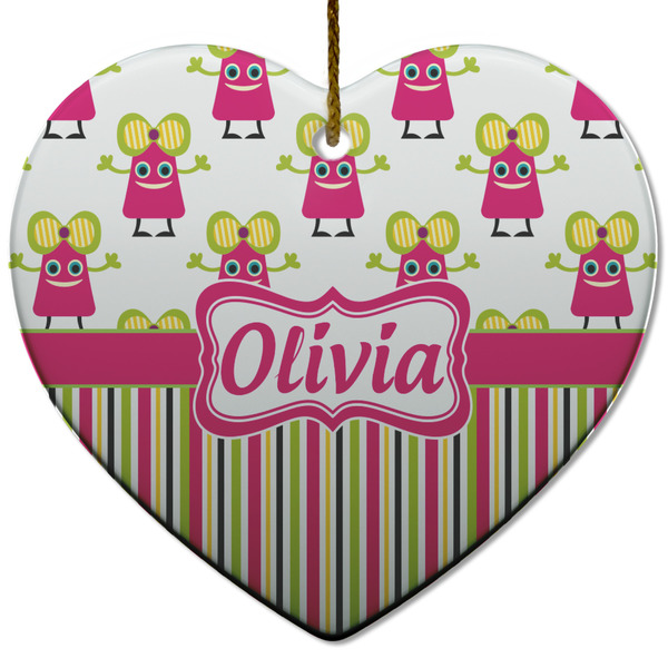 Pink Monsters & Stripes Ceramic Flat Ornament - Heart (Front)