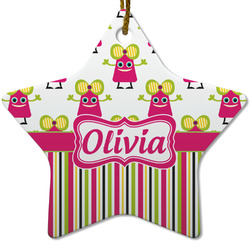 Pink Monsters & Stripes Star Ceramic Ornament w/ Name or Text