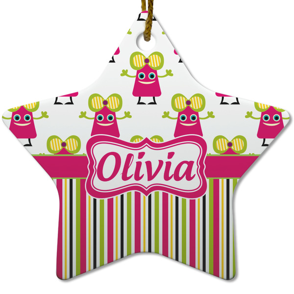 Custom Pink Monsters & Stripes Star Ceramic Ornament w/ Name or Text
