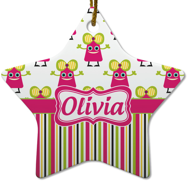Pink Monsters & Stripes Ceramic Flat Ornament - Star (Front)