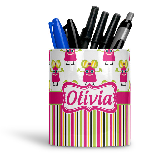 Custom Pink Monsters & Stripes Ceramic Pen Holder