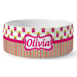 Pink Monsters & Stripes Ceramic Dog Bowl (Personalized)