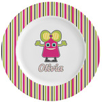 Pink Monsters & Stripes Ceramic Dinner Plates (Set of 4) (Personalized)