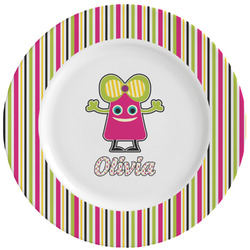 Pink Monsters & Stripes Ceramic Dinner Plates (Set of 4) (Personalized)