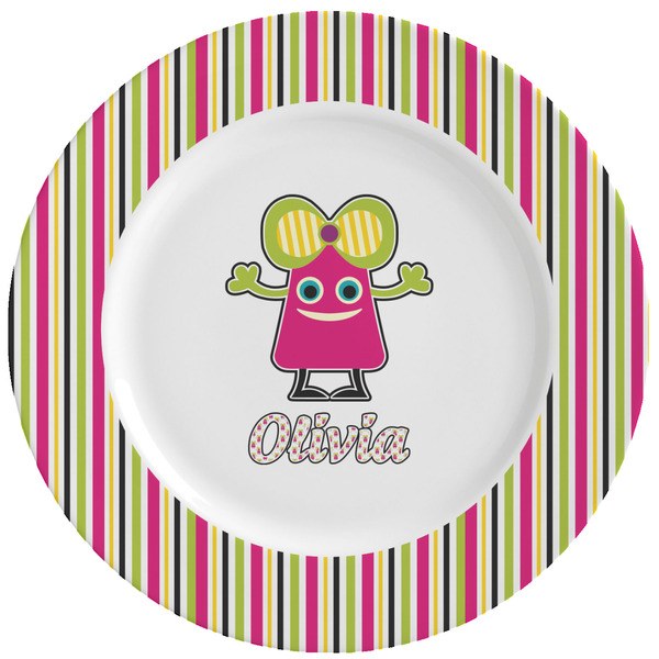 Custom Pink Monsters & Stripes Ceramic Dinner Plates (Set of 4) (Personalized)