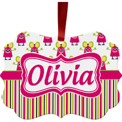 Pink Monsters & Stripes Metal Frame Ornament - Double Sided w/ Name or Text