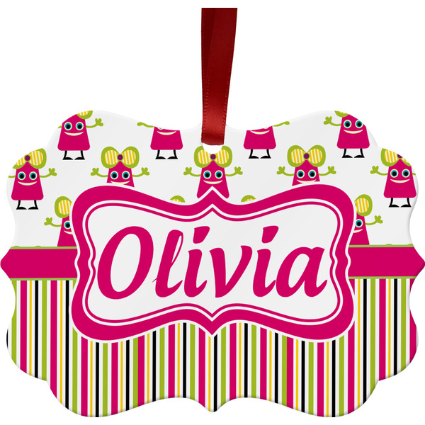 Custom Pink Monsters & Stripes Metal Frame Ornament - Double Sided w/ Name or Text
