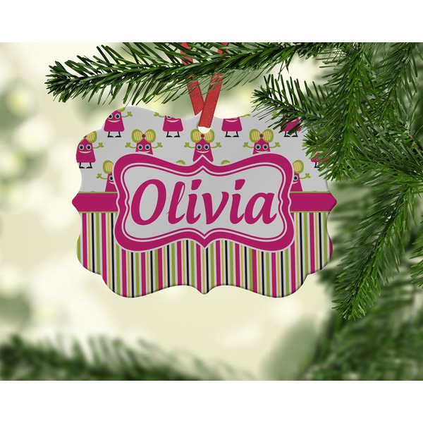 Pink Monsters & Stripes Christmas Ornament (On Tree)