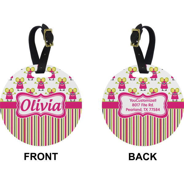 Pink Monsters & Stripes Circle Luggage Tag (Front + Back)