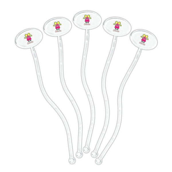 Pink Monsters & Stripes Clear Plastic 7" Stir Stick - Oval - Fan