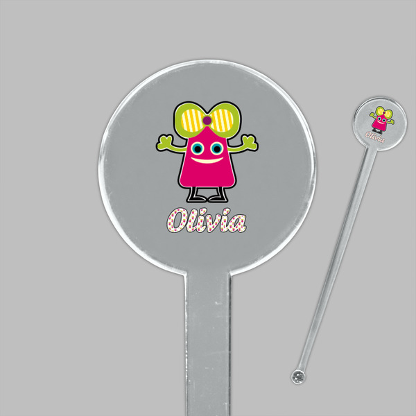 Pink Monsters & Stripes Clear Plastic 7" Stir Stick - Round - Closeup