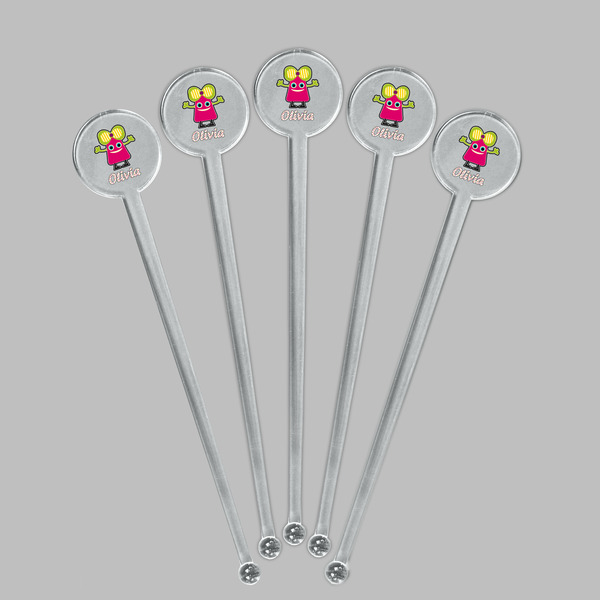Pink Monsters & Stripes Clear Plastic 7" Stir Stick - Round - Fan View
