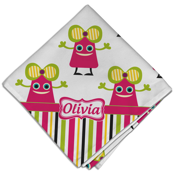 Custom Pink Monsters & Stripes Cloth Dinner Napkin - Single w/ Name or Text