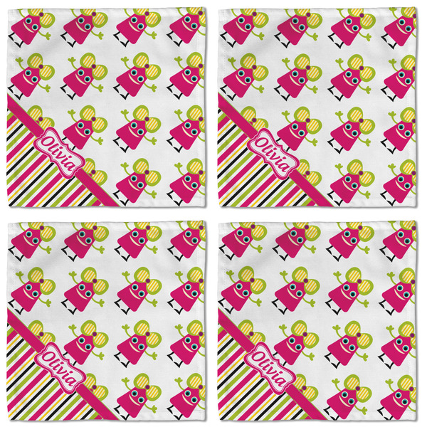 Pink Monsters & Stripes Cloth Napkins - Personalized Lunch (APPROVAL) Set of 4