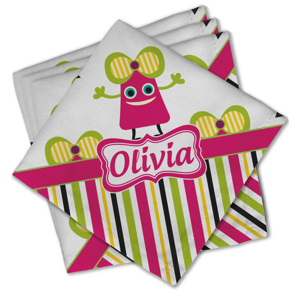 Custom Pink Monsters & Stripes Cloth Cocktail Napkins - Set of 4 w/ Name or Text