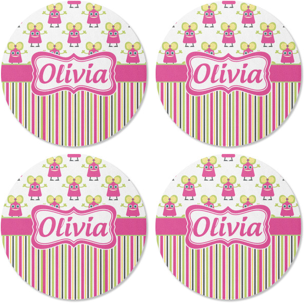 Pink Monsters & Stripes Coaster Round Rubber Back - Apvl