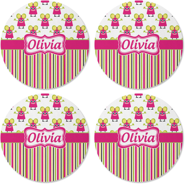 Pink Monsters & Stripes Coaster Round Rubber Back - Apvl