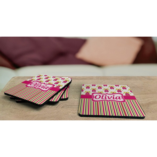 Pink Monsters & Stripes Coaster Rubber Back - On Coffee Table