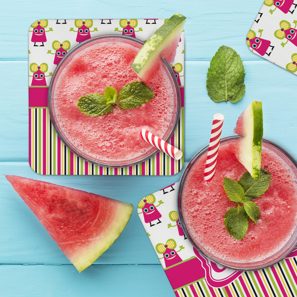 Pink Monsters & Stripes Coaster Set - LIFESTYLE