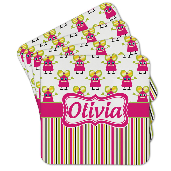 Custom Pink Monsters & Stripes Cork Coaster - Set of 4 w/ Name or Text