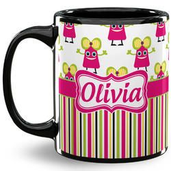 Pink Monsters & Stripes 11 Oz Coffee Mug - Black (Personalized)