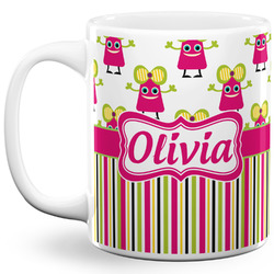 Pink Monsters & Stripes 11 Oz Coffee Mug - White (Personalized)