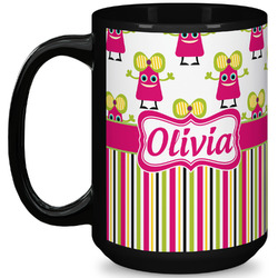 Pink Monsters & Stripes 15 Oz Coffee Mug - Black (Personalized)