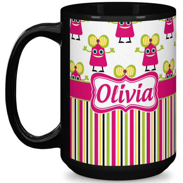 Custom Pink Monsters & Stripes 15 Oz Coffee Mug - Black (Personalized)
