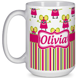 Pink Monsters & Stripes 15 Oz Coffee Mug - White (Personalized)