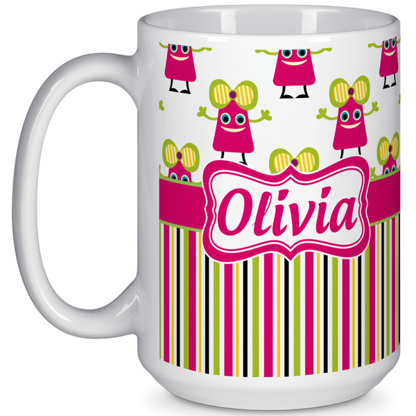 Custom Pink Monsters & Stripes 15 Oz Coffee Mug - White (Personalized)
