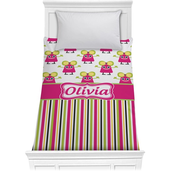 Custom Pink Monsters & Stripes Comforter - Twin (Personalized)
