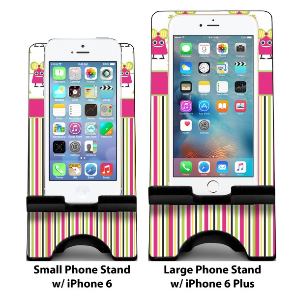 Pink Monsters & Stripes Compare Phone Stand Sizes - with iPhones