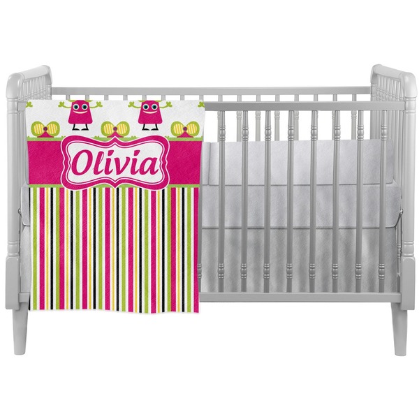 Custom Pink Monsters & Stripes Crib Comforter / Quilt (Personalized)