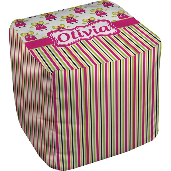 Custom Pink Monsters & Stripes Cube Pouf Ottoman - 18" (Personalized)