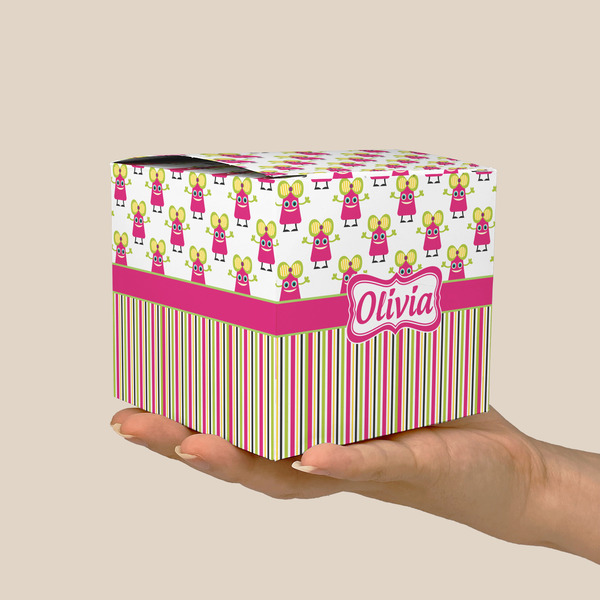 Pink Monsters & Stripes Cube Favor Gift Box - On Hand - Scale View