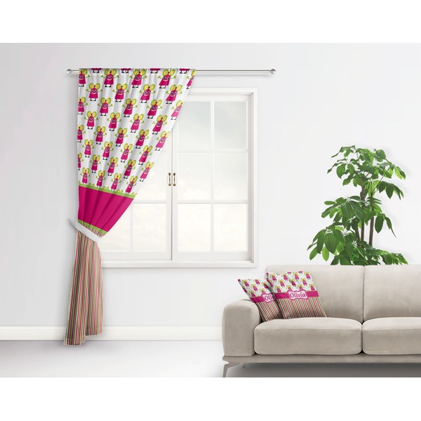 Pink Monsters & Stripes Curtain With Window and Rod - in Room Matching Pillow