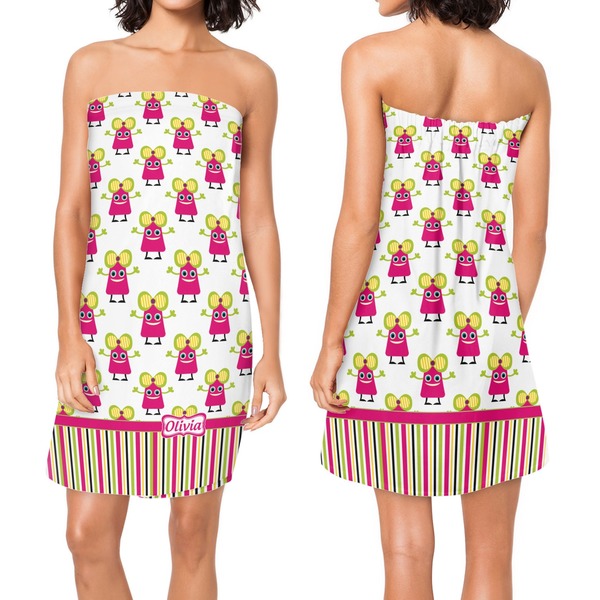 Pink Monsters & Stripes Custom Bath Wrap - Front & Back View