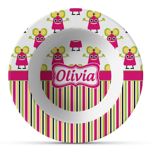 Custom Pink Monsters & Stripes Plastic Bowl - Microwave Safe - Composite Polymer (Personalized)