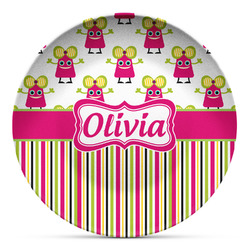 Pink Monsters & Stripes Microwave Safe Plastic Plate - Composite Polymer (Personalized)