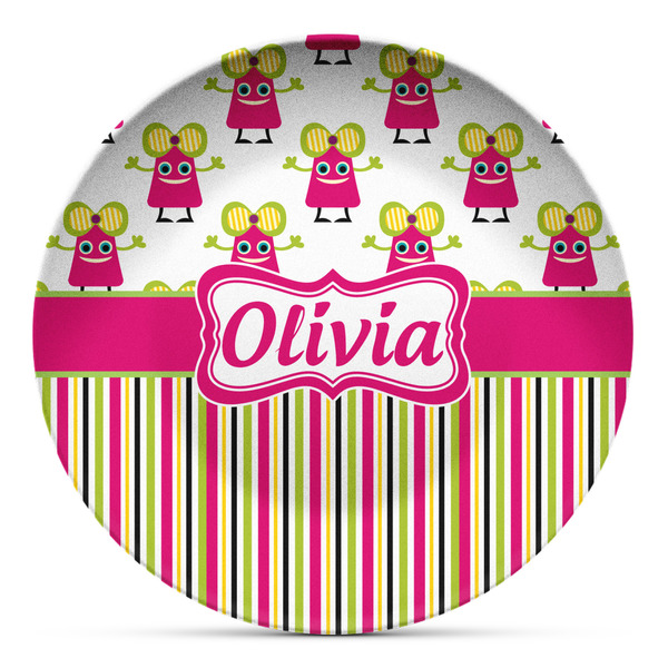 Custom Pink Monsters & Stripes Microwave Safe Plastic Plate - Composite Polymer (Personalized)