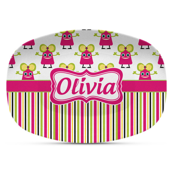 Custom Pink Monsters & Stripes Plastic Platter - Microwave & Oven Safe Composite Polymer (Personalized)