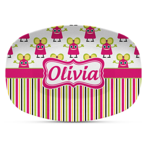 Custom Pink Monsters & Stripes Plastic Platter - Microwave & Oven Safe Composite Polymer (Personalized)