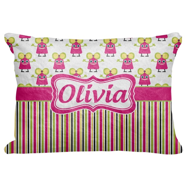 Custom Pink Monsters & Stripes Decorative Baby Pillowcase - 16"x12" (Personalized)