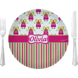 Pink Monsters & Stripes Glass Lunch / Dinner Plate 10" (Personalized)