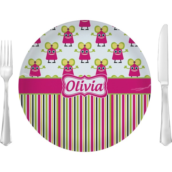 Custom Pink Monsters & Stripes 10" Glass Lunch / Dinner Plates - Single or Set (Personalized)